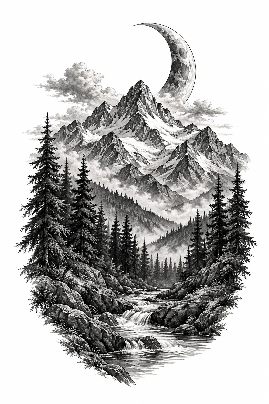 Desenho de tatuagem de Cordilheira, pinheiros e lua crescente, modelo NR-0558, em preto e cinza.