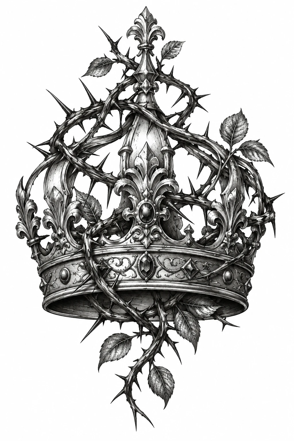 Desenho de tatuagem de Coroa antiga entre espinhos e folhas, modelo NR-0559, em preto e cinza.