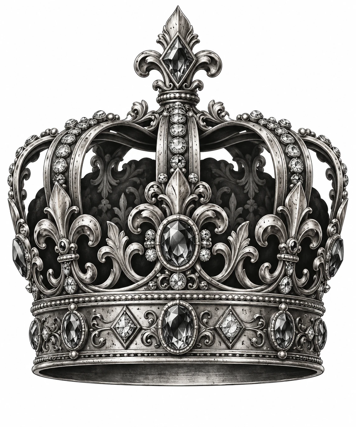 Desenho de tatuagem de Coroa real de filigrana e pedras, modelo NR-0560, em preto e cinza.