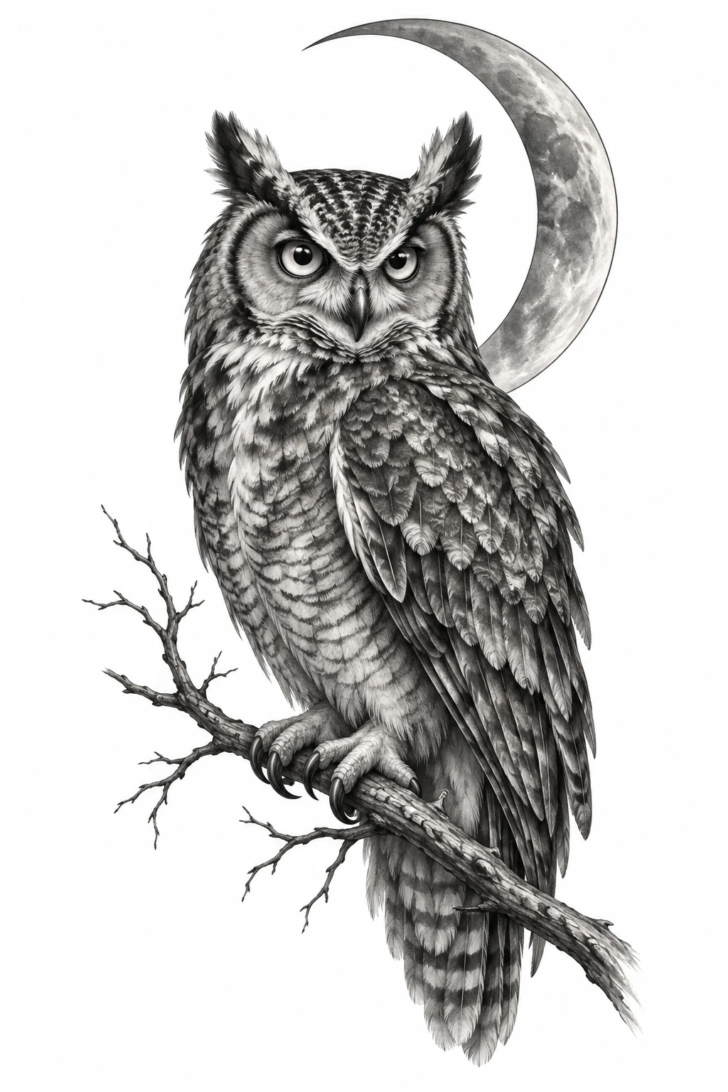Desenho de tatuagem de Coruja detalhada sob lua crescente, modelo NR-0561, em preto e cinza.