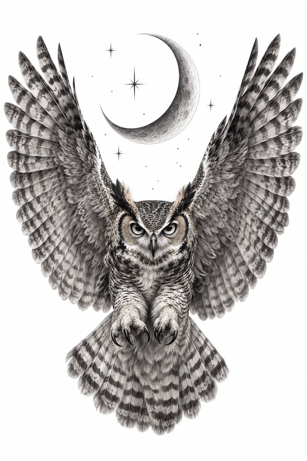 Desenho de tatuagem de Coruja em voo sob lua crescente, modelo NR-0562, em preto e cinza.
