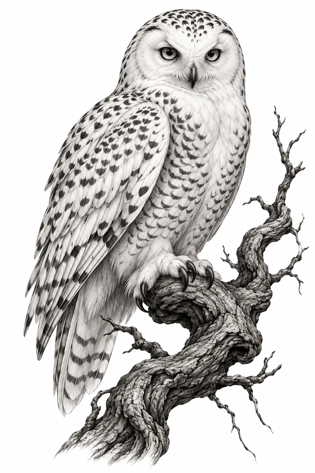 Desenho de tatuagem de Coruja-das-neves em ramo retorcido, modelo NR-0563, em preto e cinza.