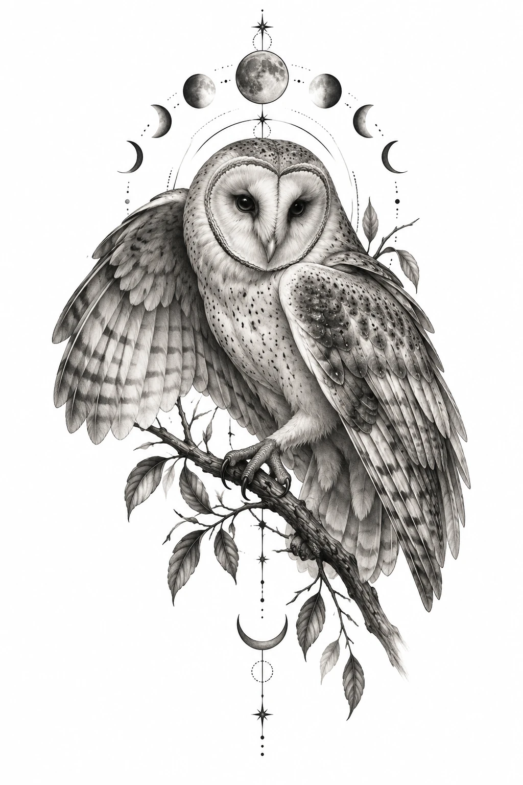 Desenho de tatuagem de Coruja-das-torres com fases lunares, modelo NR-0564, em preto e cinza.
