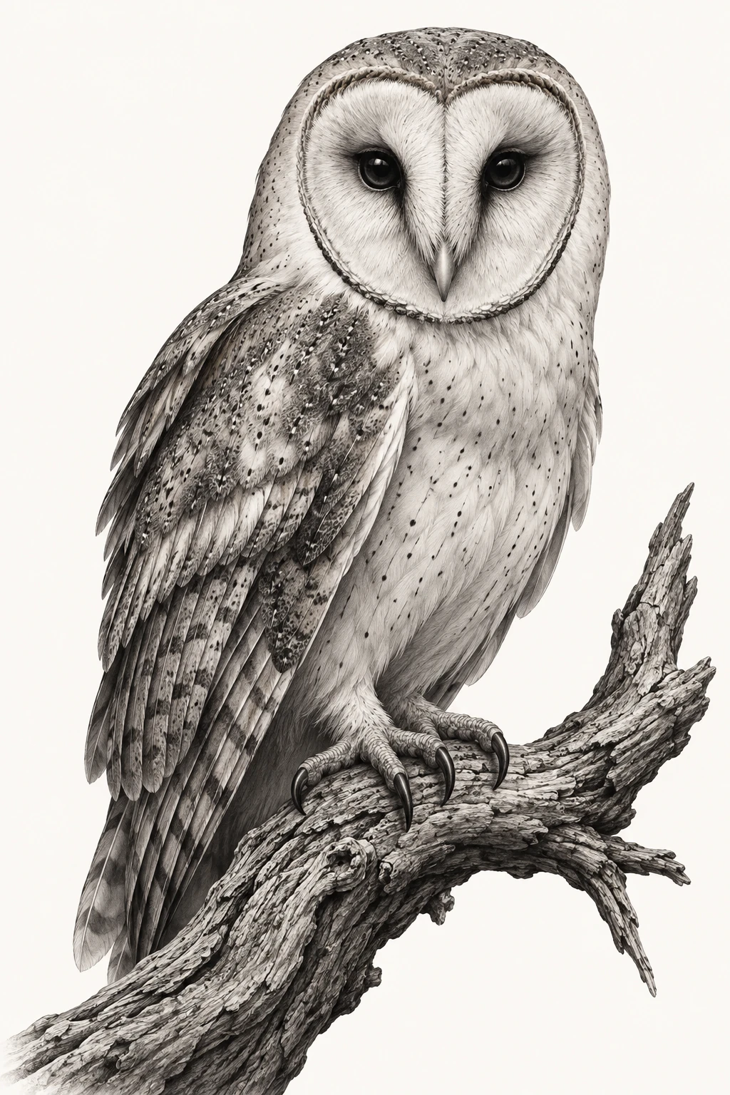 Desenho de tatuagem de Coruja-das-torres no galho rústico, modelo NR-0565, em preto e cinza.