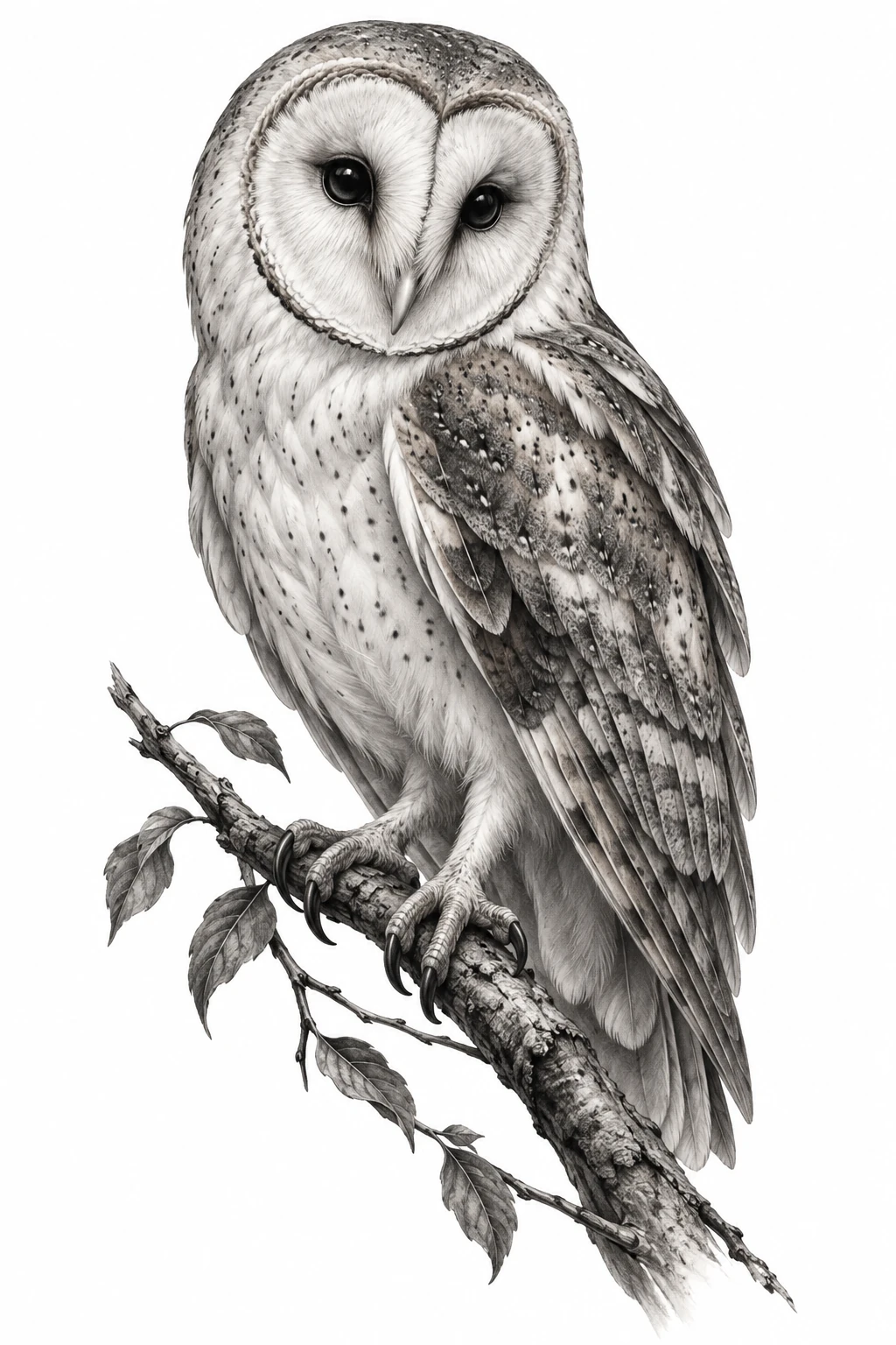 Desenho de tatuagem de Coruja-das-torres realista no galho, modelo NR-0566, em preto e cinza.