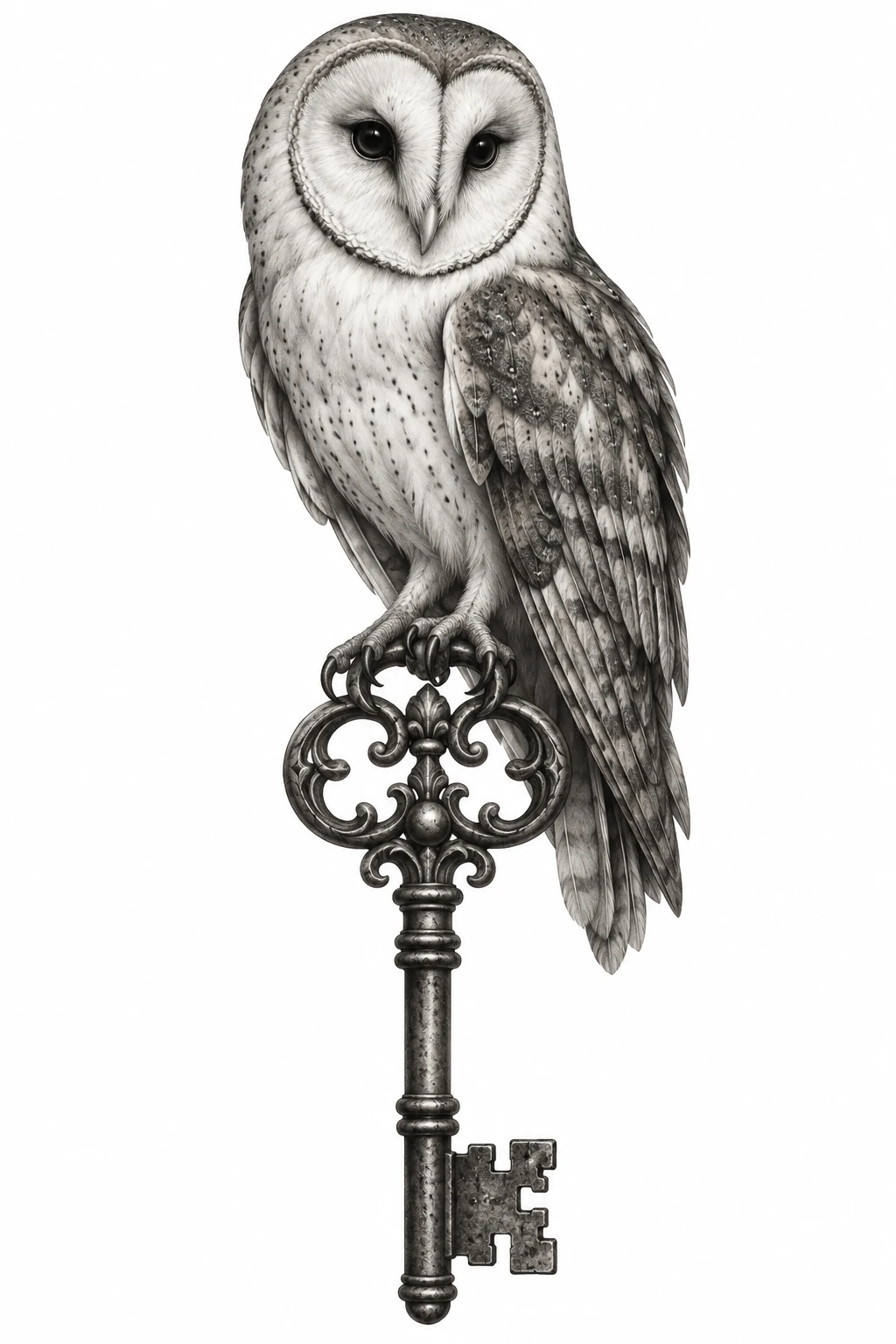 Desenho de tatuagem de Coruja-das-torres sobre chave antiga, modelo NR-0567, em preto e cinza.