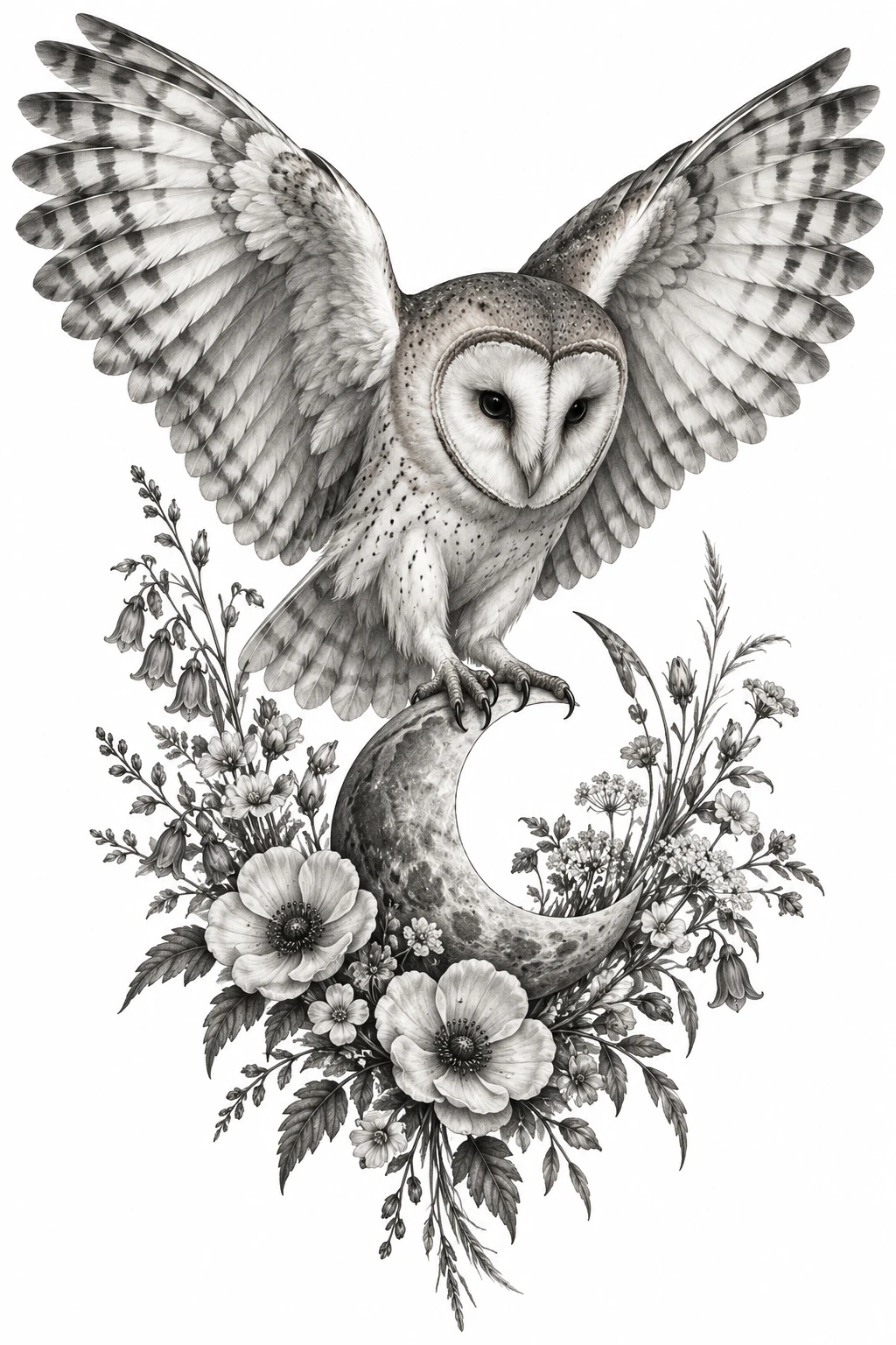 Desenho de tatuagem de Coruja-das-torres, lua crescente e flores, modelo NR-0568, em preto e cinza.