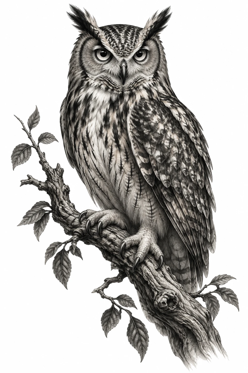 Desenho de tatuagem de Coruja-real no galho retorcido, modelo NR-0569, em preto e cinza.