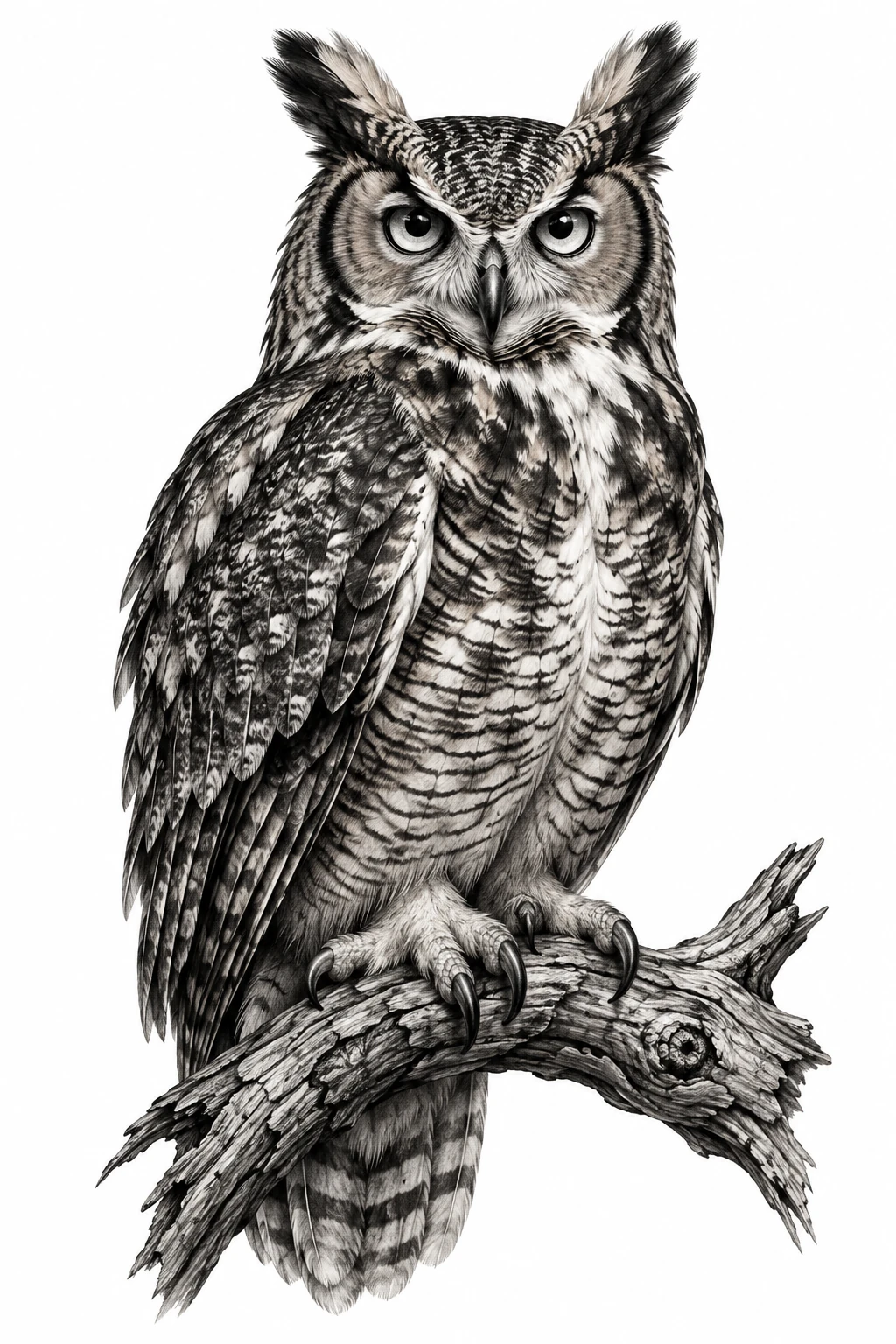 Desenho de tatuagem de Coruja-realista de olhos luminosos, modelo NR-0570, em preto e cinza.