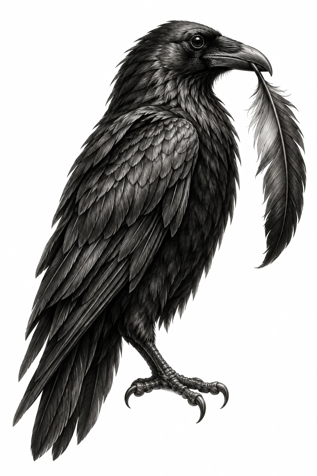 Desenho de tatuagem de Corvo elegante com pena no bico, modelo NR-0571, em preto e cinza.