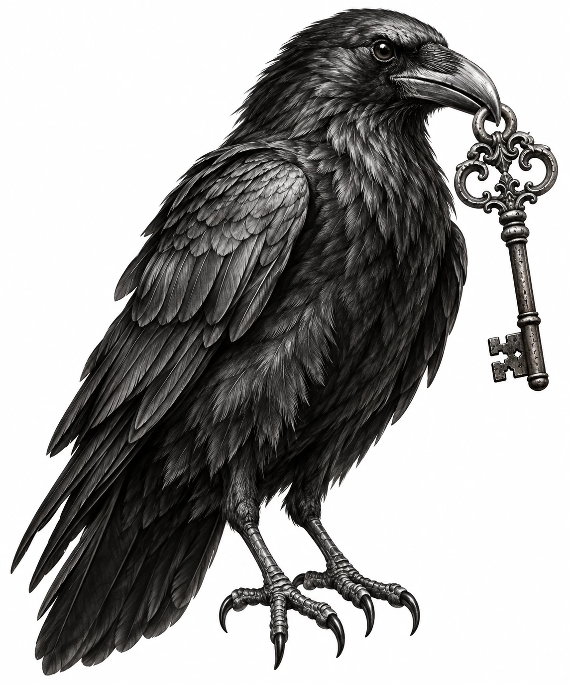 Desenho de tatuagem de Corvo realista com chave antiga, modelo NR-0572, em preto e cinza.