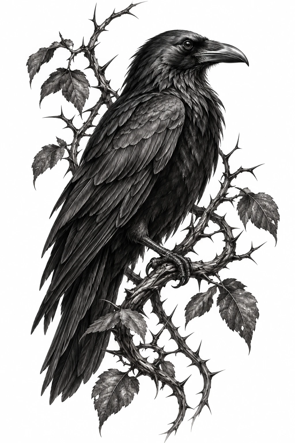 Desenho de tatuagem de Corvo realista entre espinhos e folhas, modelo NR-0573, em preto e cinza.