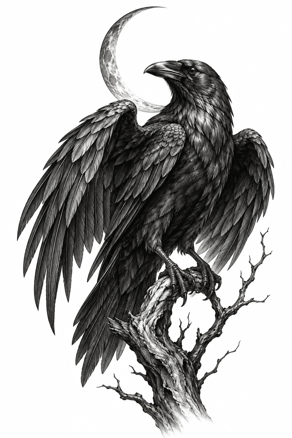 Desenho de tatuagem de Corvo realista sob lua crescente, modelo NR-0574, em preto e cinza.