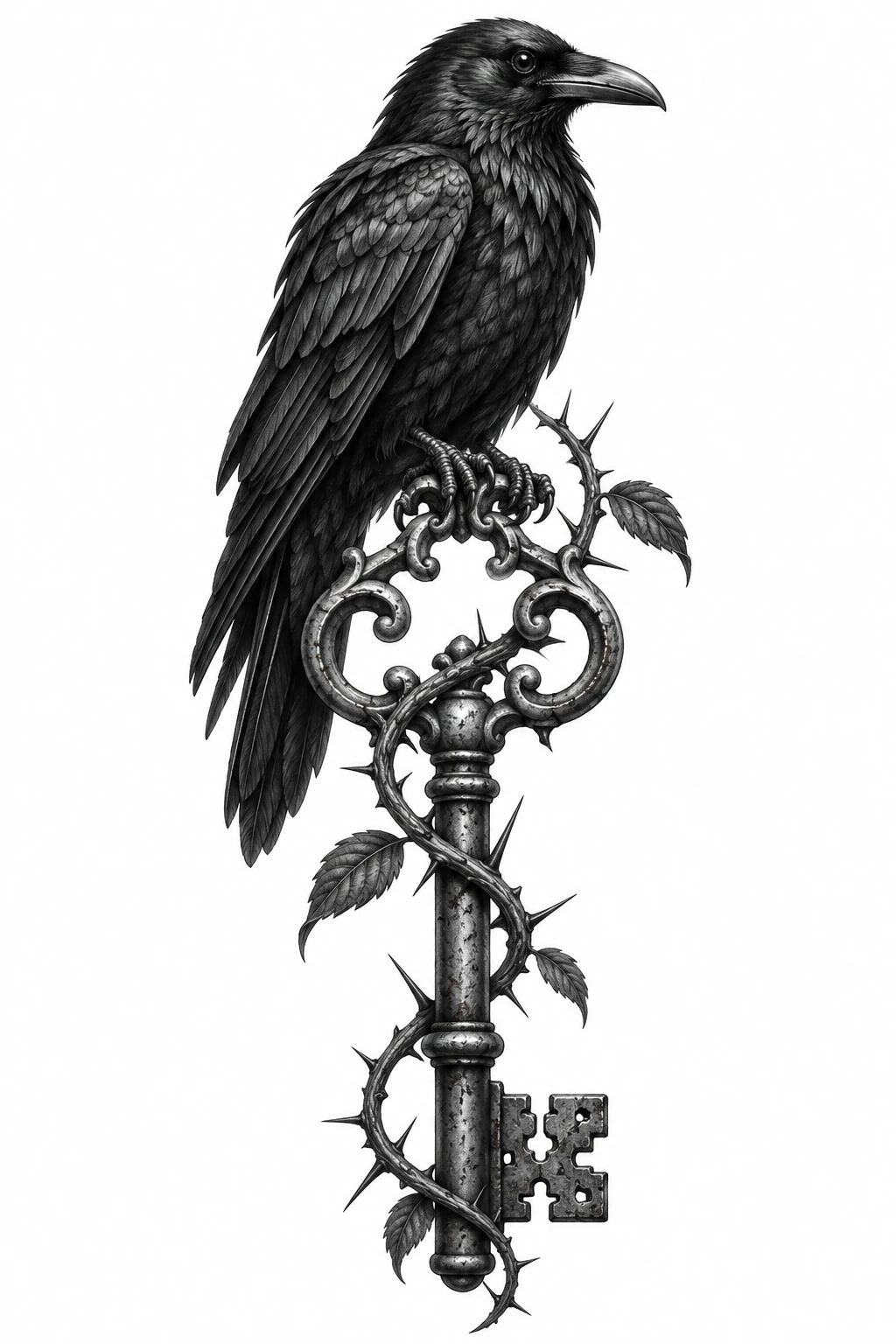Desenho de tatuagem de Corvo sobre chave antiga com espinhos, modelo NR-0575, em preto e cinza.