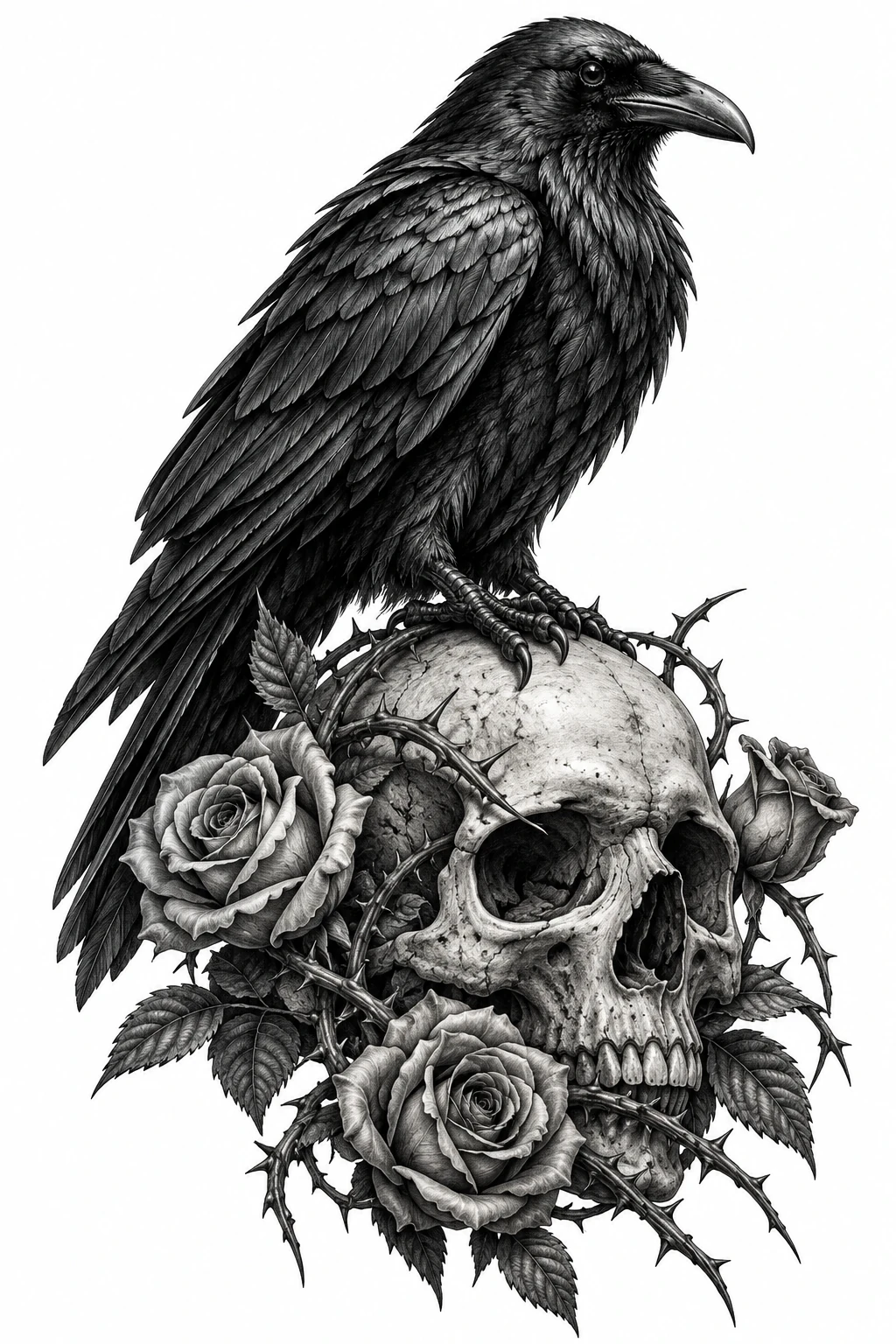 Desenho de tatuagem de Corvo sobre crânio com rosas, modelo NR-0576, em preto e cinza.