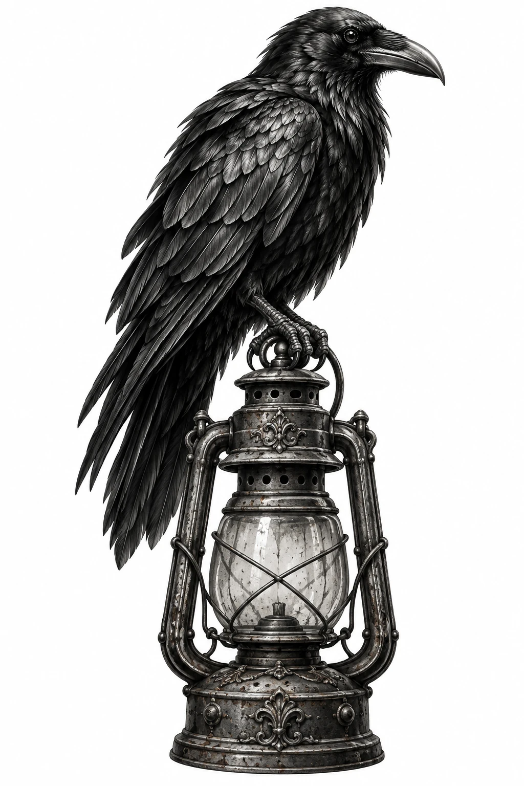 Desenho de tatuagem de Corvo sobre lanterna antiga, modelo NR-0577, em preto e cinza.