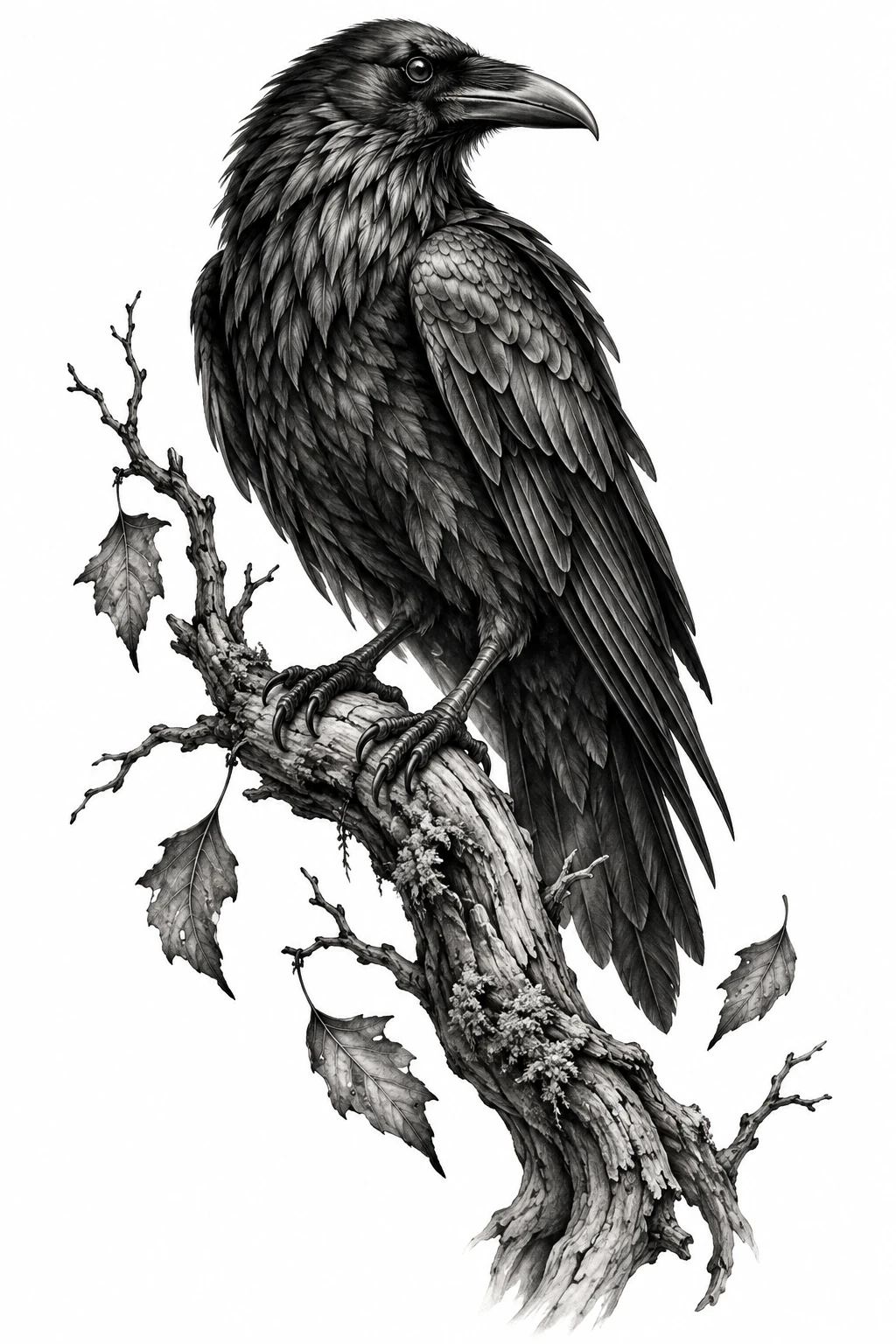 Desenho de tatuagem de Corvo vigilante no galho, modelo NR-0578, em preto e cinza.
