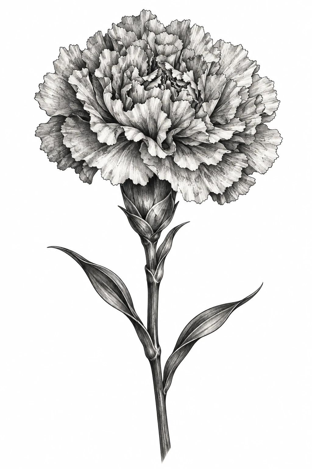 Desenho de tatuagem de Cravo em grafite com folhas, modelo NR-0579, em preto e cinza.