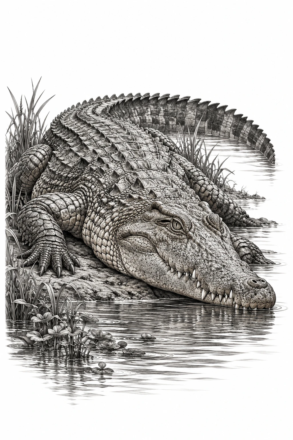 Desenho de tatuagem de Crocodilo do Nilo à margem do rio, modelo NR-0580, em preto e cinza.