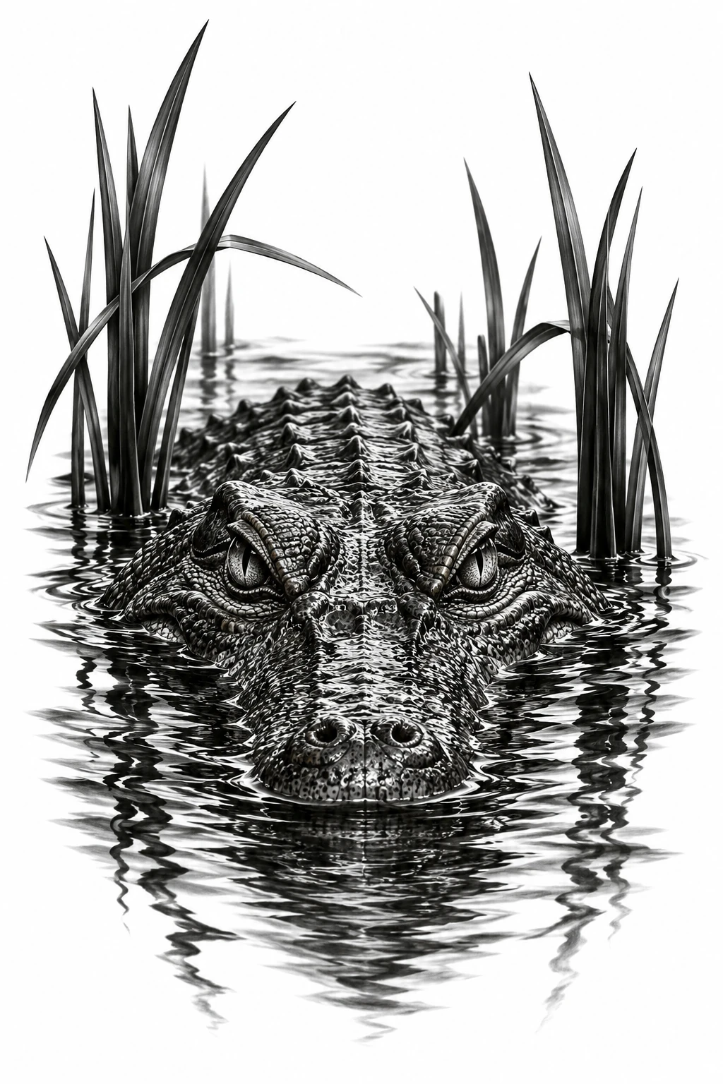 Desenho de tatuagem de Crocodilo emergindo entre juncos, modelo NR-0581, em preto e cinza.