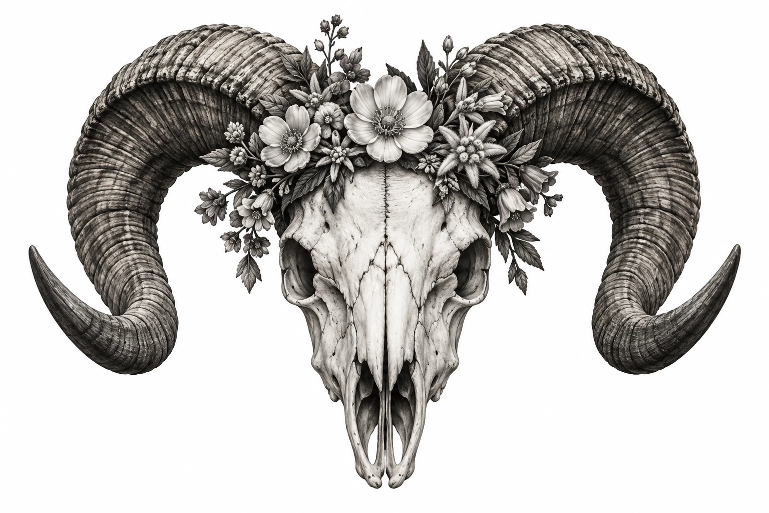 Desenho de tatuagem de Crânio de carneiro com guirlanda floral, modelo NR-0582, em preto e cinza.