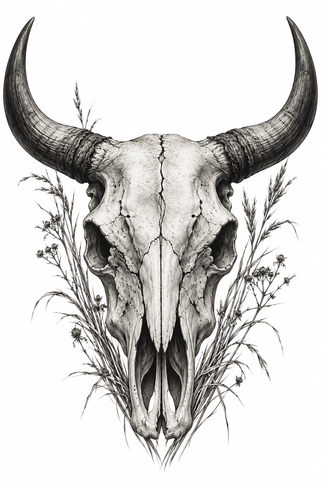 Desenho de tatuagem de Crânio de touro com capins secos, modelo NR-0583, em preto e cinza.