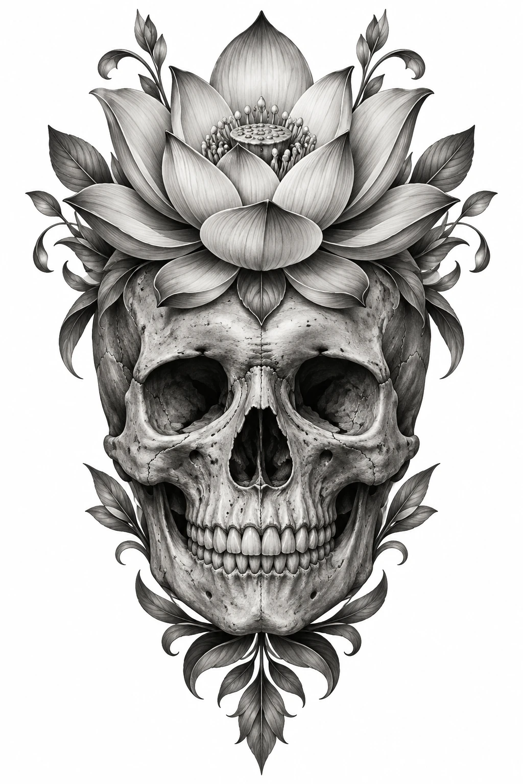 Desenho de tatuagem de Crânio sereno coroado por lótus, modelo NR-0584, em preto e cinza.