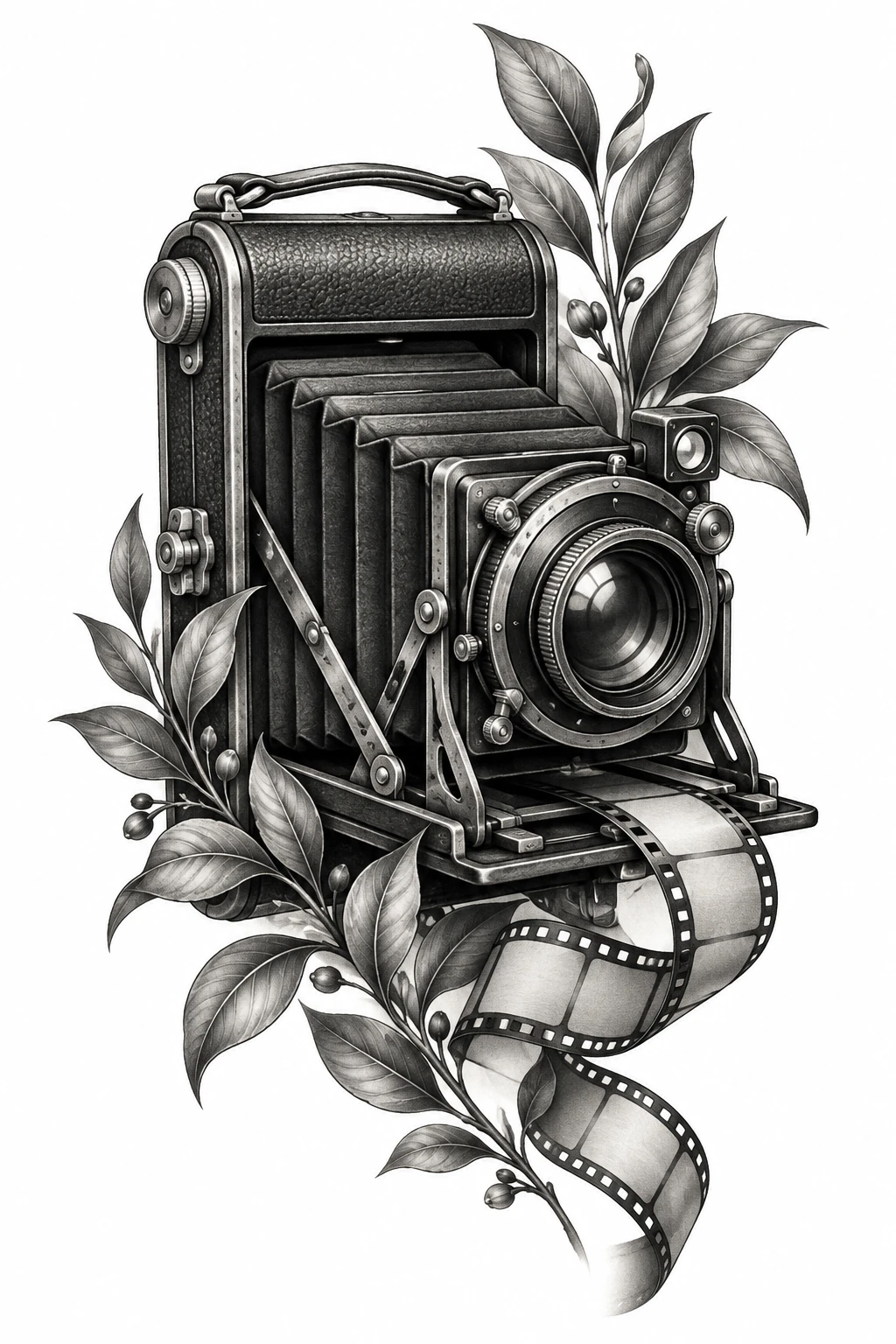 Desenho de tatuagem de Câmera dobrável com filme e folhagem, modelo NR-0586, em preto e cinza.