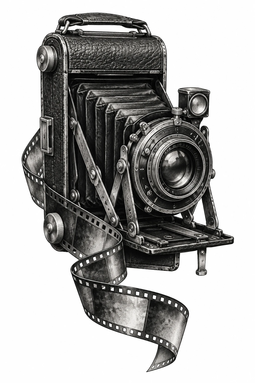Desenho de tatuagem de Câmera dobrável vintage com filme enrolado, modelo NR-0587, em preto e cinza.