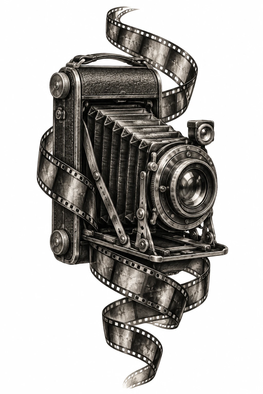 Desenho de tatuagem de Câmera vintage com filme enrolado, modelo NR-0589, em preto e cinza.
