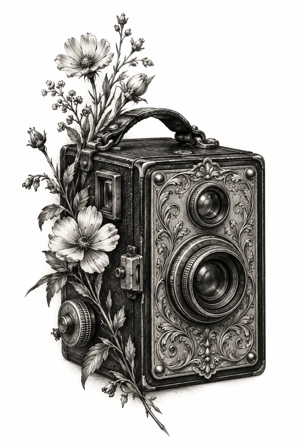 Desenho de tatuagem de Câmera vintage com flores silvestres(1), modelo NR-0590, em preto e cinza.