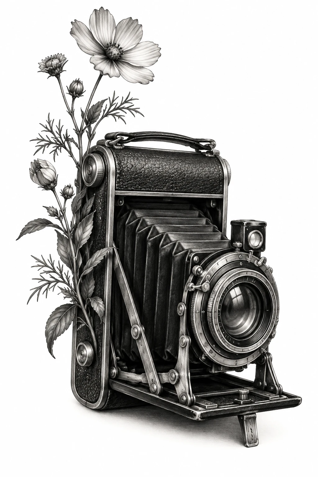 Desenho de tatuagem de Câmera vintage com flores silvestres, modelo NR-0591, em preto e cinza.
