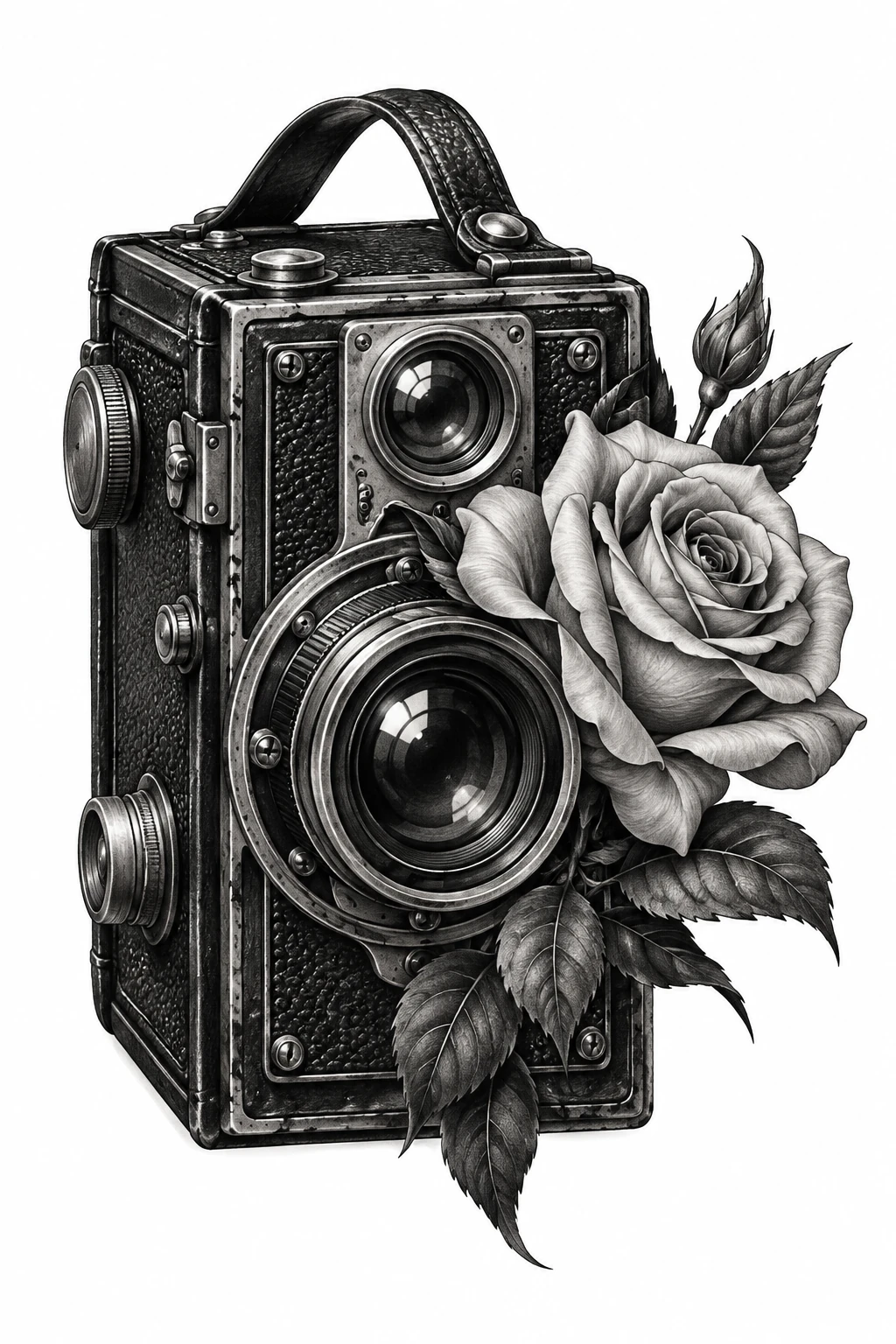 Desenho de tatuagem de Câmera vintage com rosa em flor, modelo NR-0593, em preto e cinza.