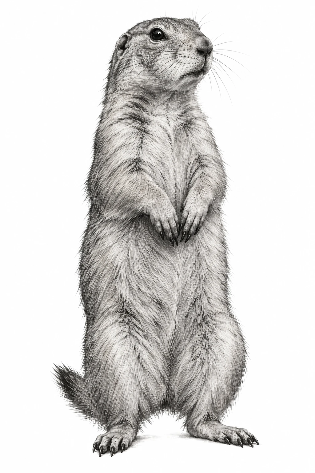 Desenho de tatuagem de Cão-da-pradaria alerta em preto e cinza, modelo NR-0595, em preto e cinza.
