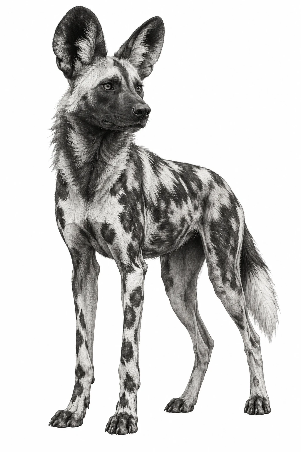 Desenho de tatuagem de Cão-selvagem-africano realista em preto e cinza, modelo NR-0596, em preto e cinza.