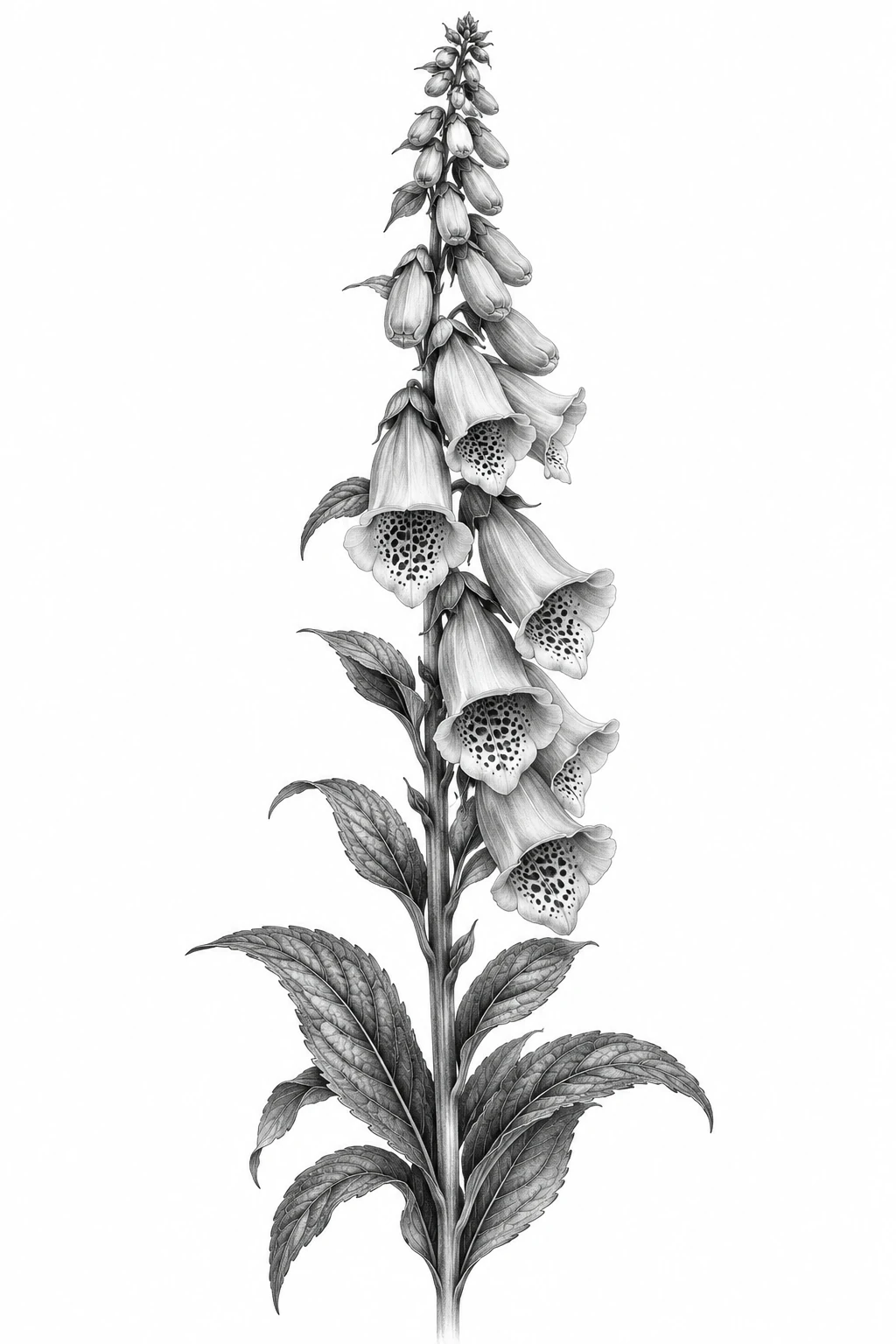 Desenho de tatuagem de Dedaleira botânica em traço fino, modelo NR-0597, em preto e cinza.