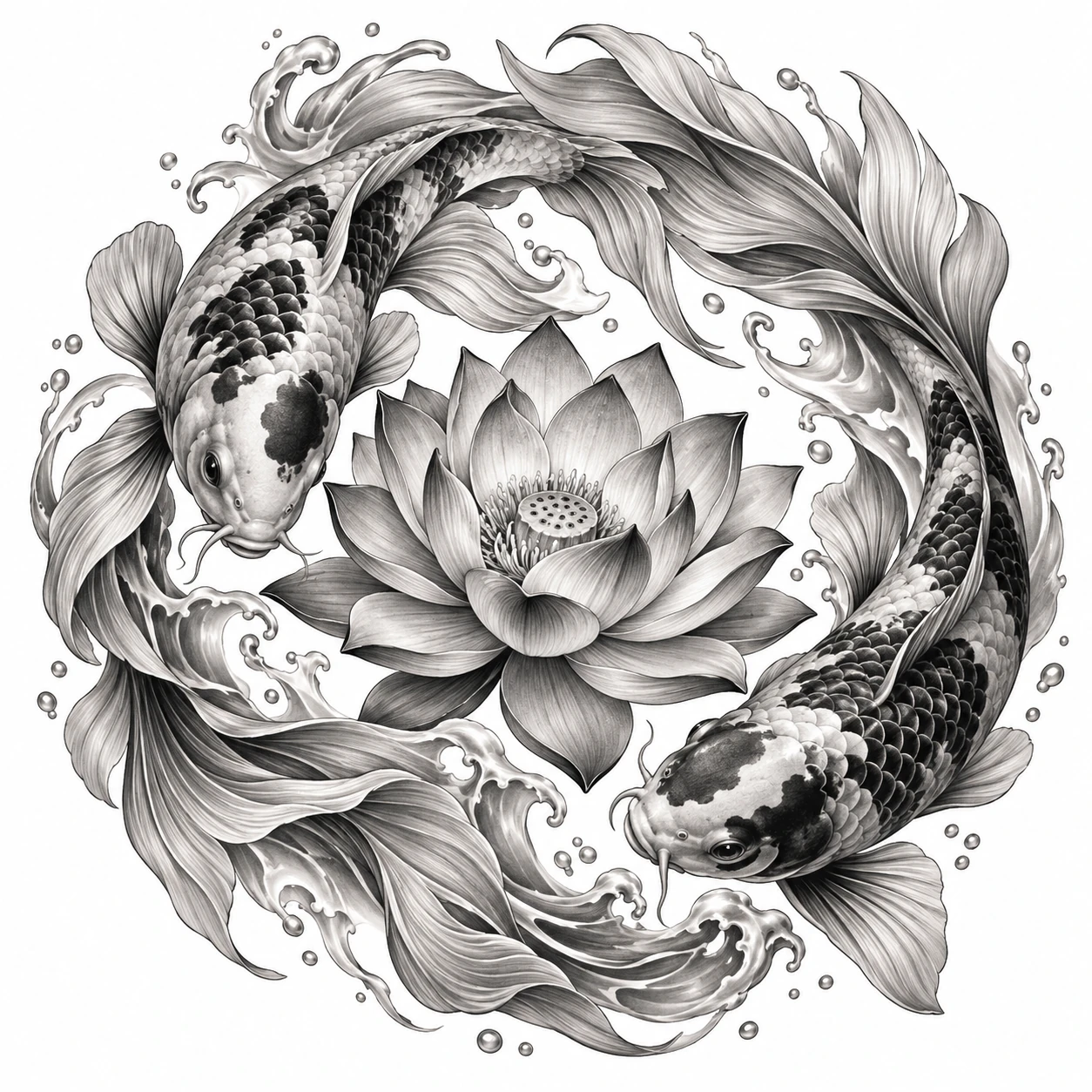 Desenho de tatuagem de Dois koi ao redor da lótus, modelo NR-0601, em preto e cinza.