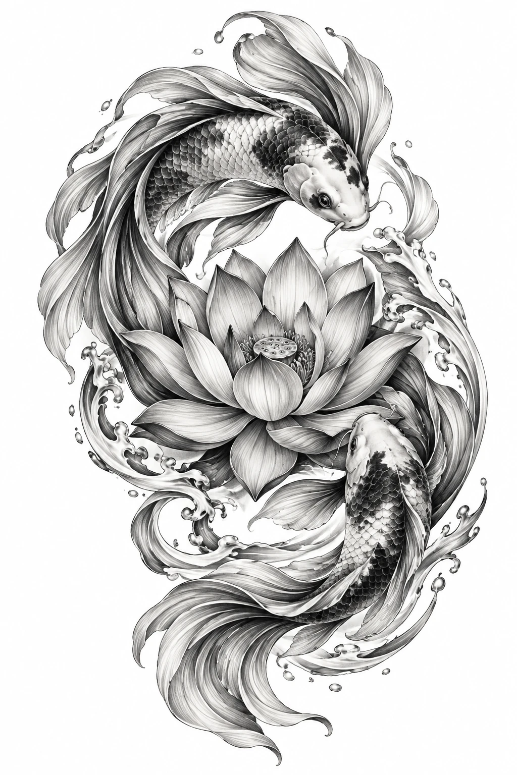 Desenho de tatuagem de Dois koi ao redor do lótus, modelo NR-0602, em preto e cinza.