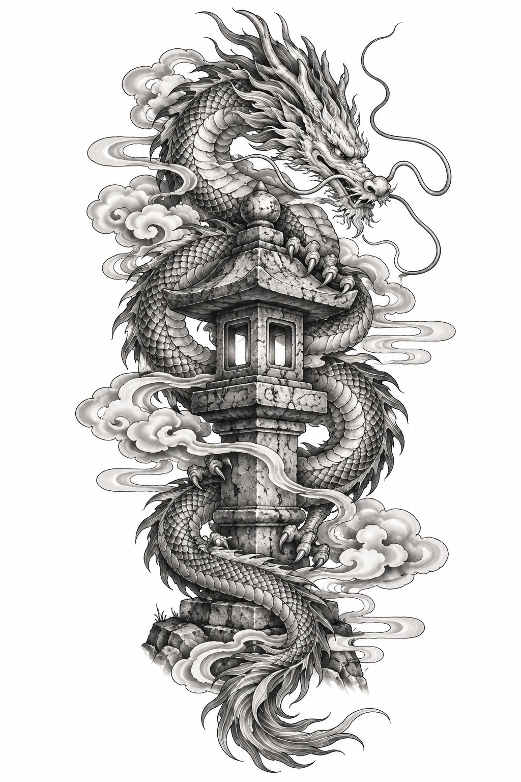 Desenho de tatuagem de Dragão japonês enrolado em lanterna de pedra, modelo NR-0603, em preto e cinza.