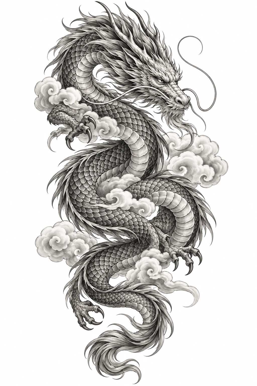 Desenho de tatuagem de Dragão japonês entre nuvens suaves, modelo NR-0604, em preto e cinza.
