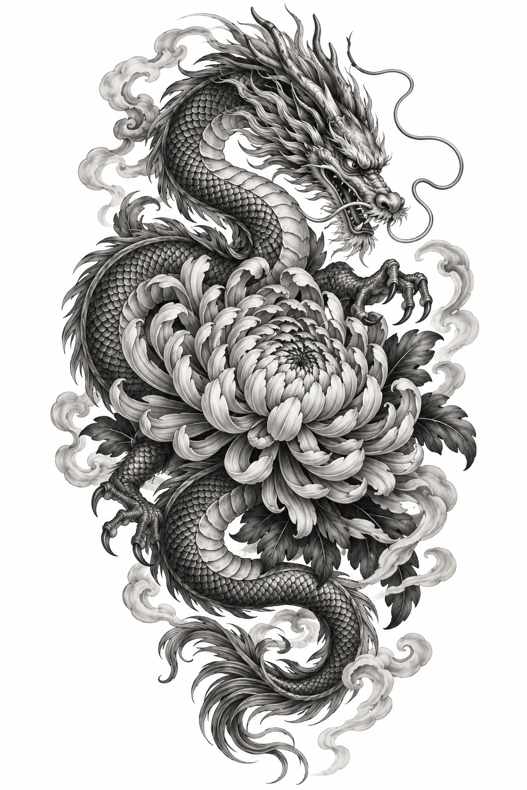 Desenho de tatuagem de Dragão oriental e crisântemo em harmonia, modelo NR-0605, em preto e cinza.