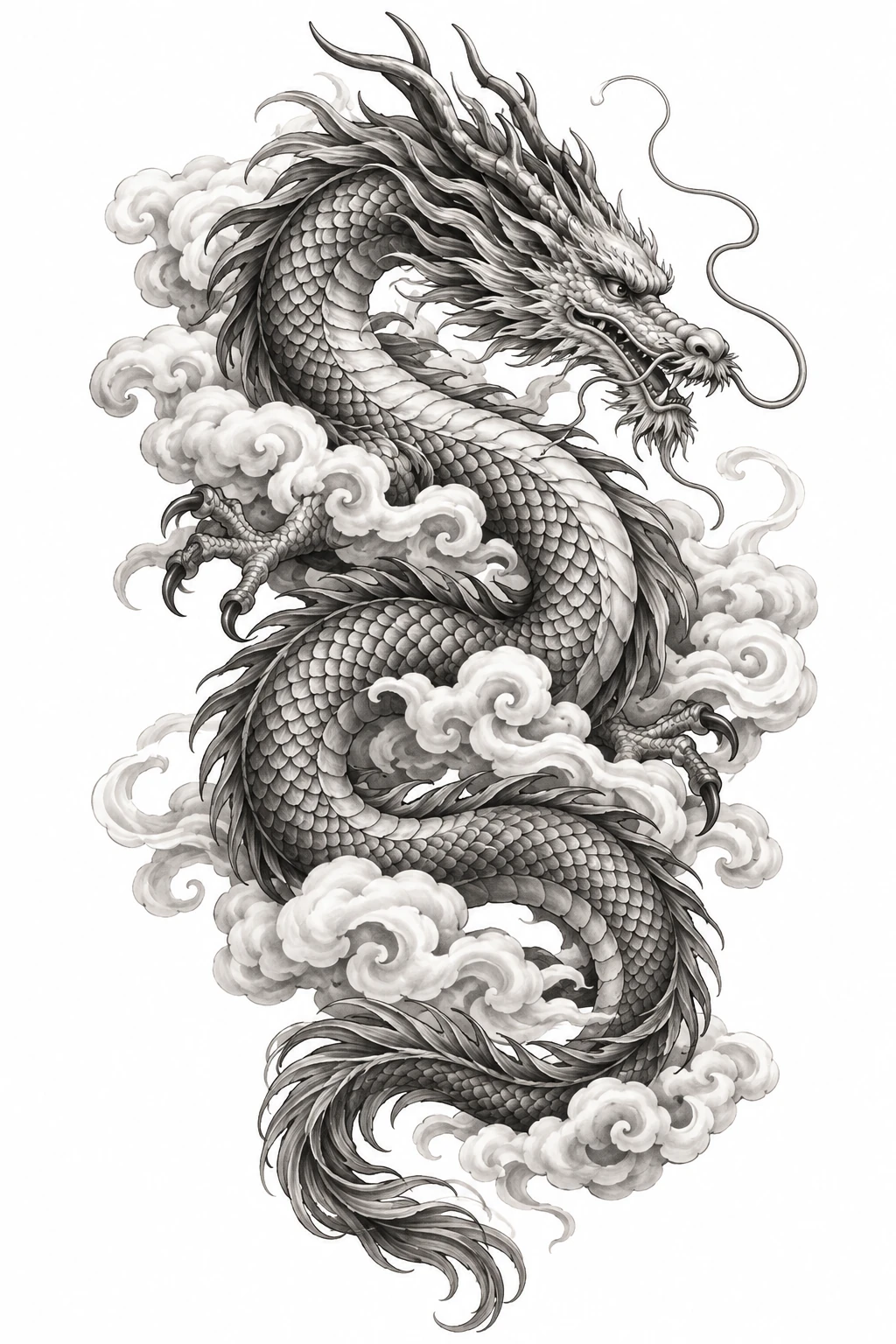 Desenho de tatuagem de Dragão oriental entre nuvens esculpidas, modelo NR-0606, em preto e cinza.