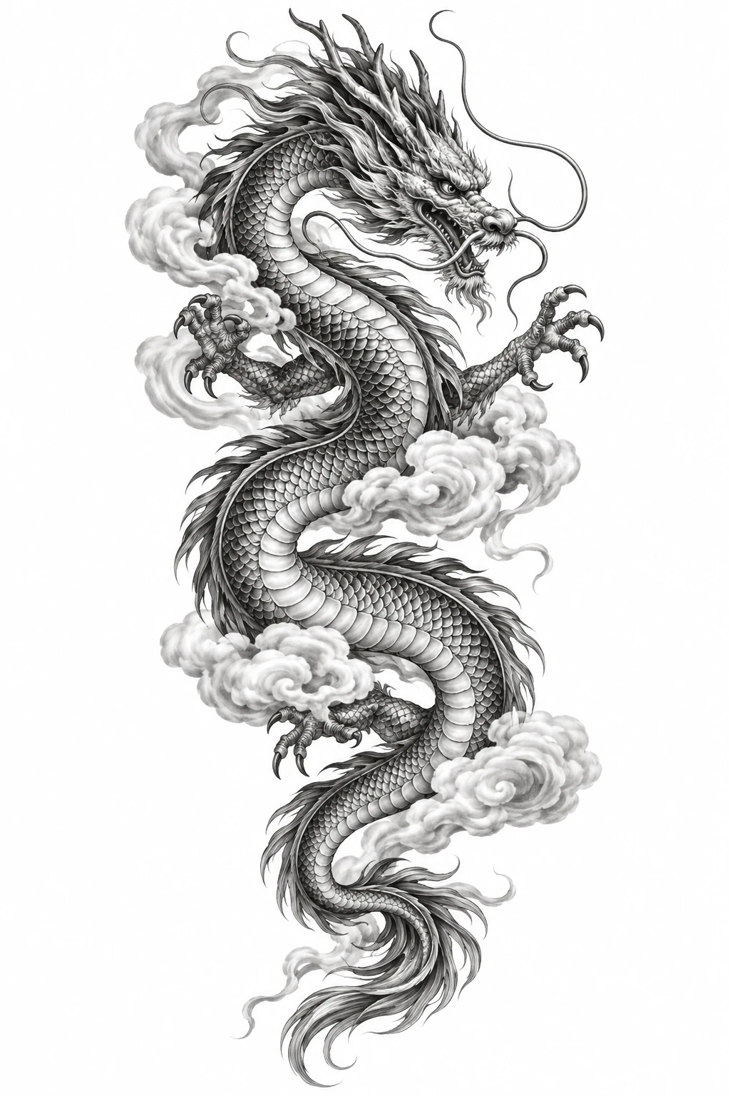 Desenho de tatuagem de Dragão oriental entre nuvens(2), modelo NR-0607, em preto e cinza.