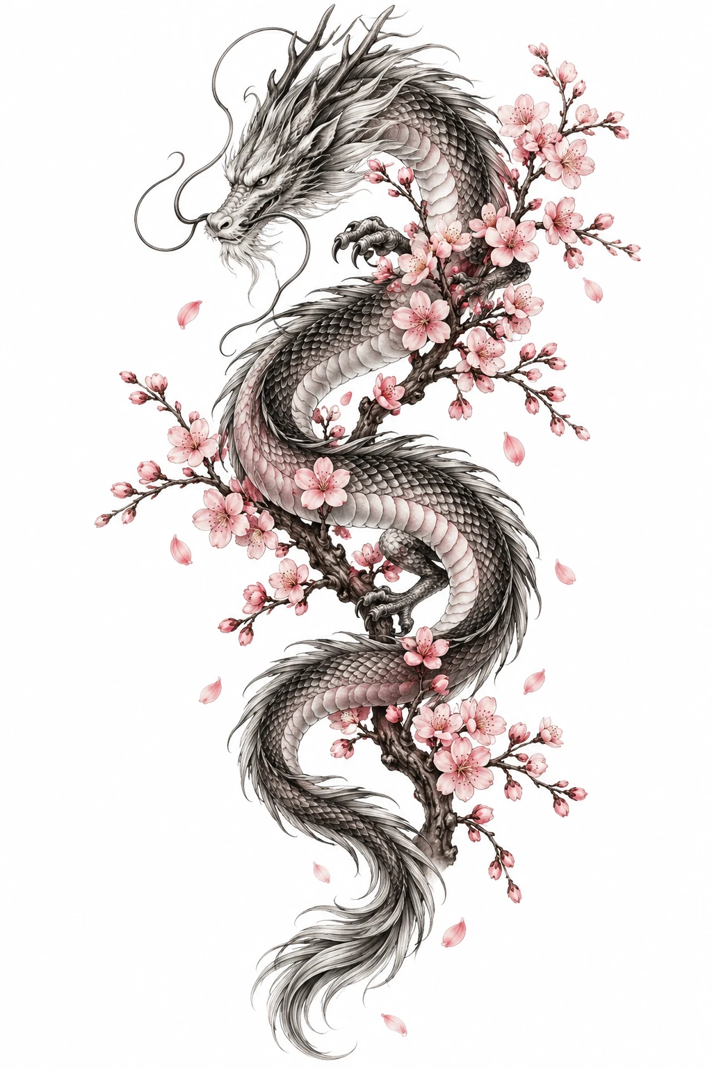 Desenho de tatuagem de Dragão oriental envolvendo cerejeira florida, modelo NR-0608, em preto e cinza.