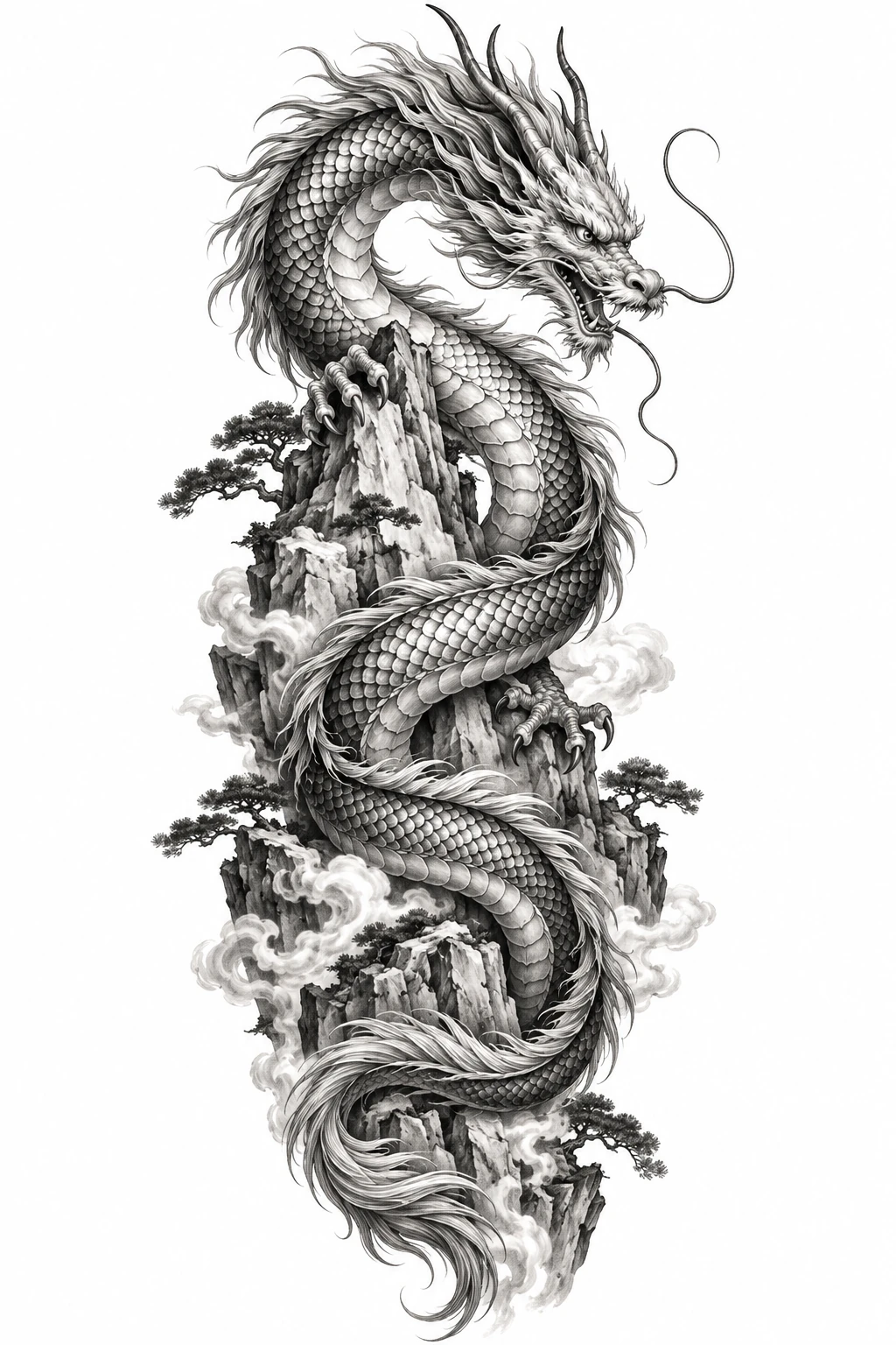 Desenho de tatuagem de Dragão oriental serpenteando no pico rochoso, modelo NR-0609, em preto e cinza.