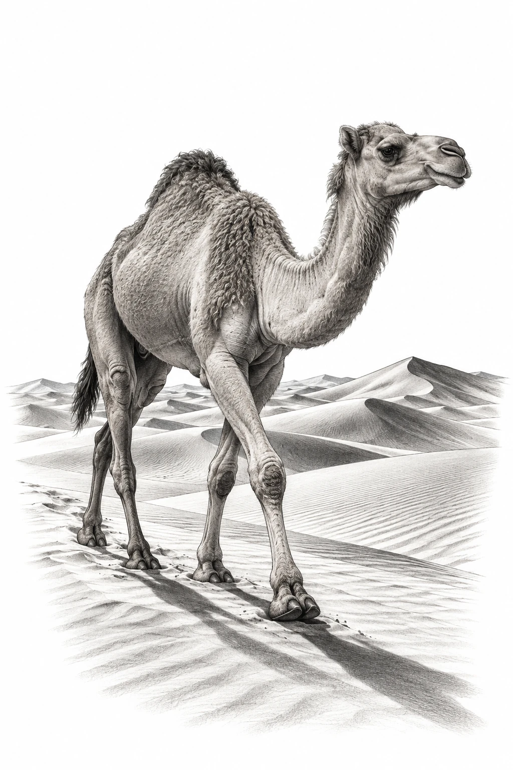 Desenho de tatuagem de Dromedário atravessando as dunas, modelo NR-0610, em preto e cinza.