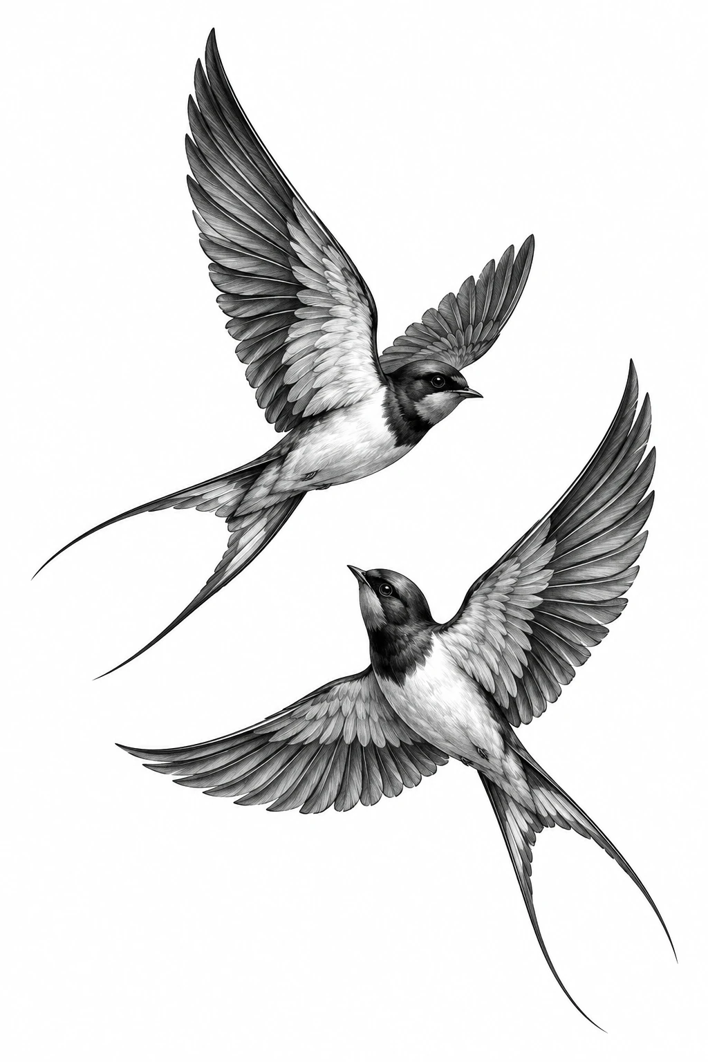 Desenho de tatuagem de Duas andorinhas em voo elegante, modelo NR-0611, em preto e cinza.