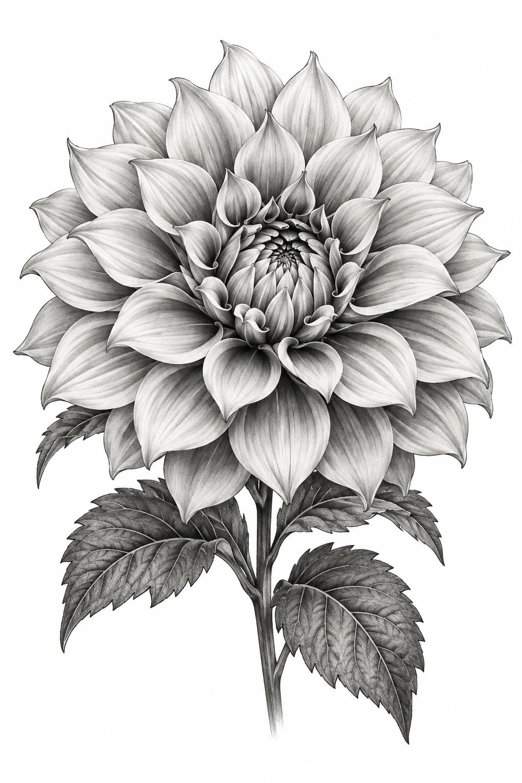 Desenho de tatuagem de Dália em flor, estudo botânico, modelo NR-0612, em preto e cinza.