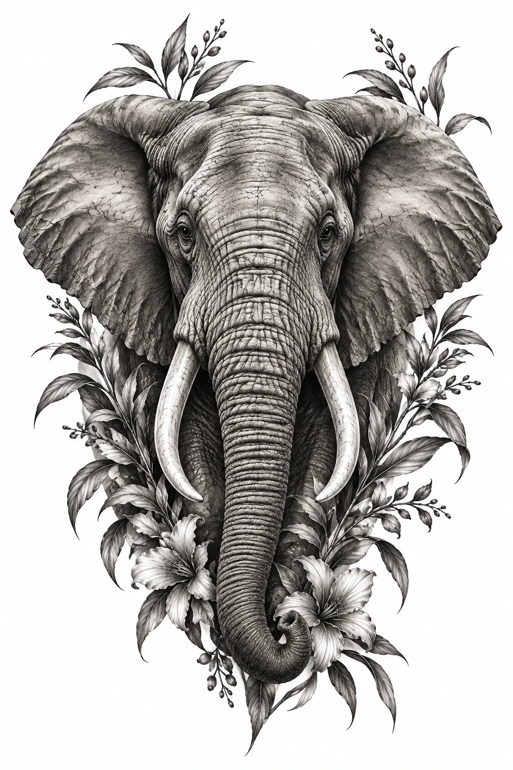 Desenho de tatuagem de Elefante africano com ornamentos botânicos, modelo NR-0613, em preto e cinza.
