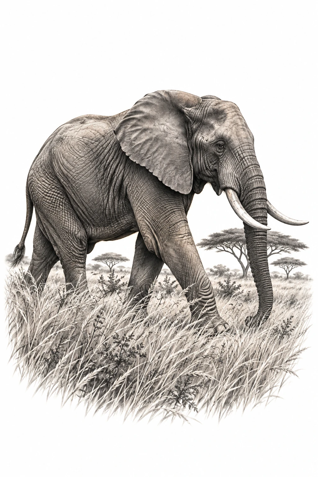 Desenho de tatuagem de Elefante africano entre gramíneas e acácias, modelo NR-0614, em preto e cinza.